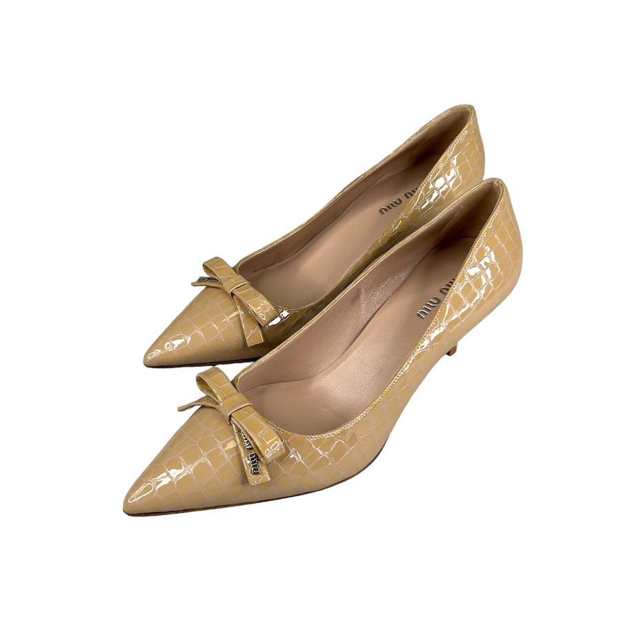MIU MIU PATENT LEATHER CROCODILE PRINT KITTEN HEELS