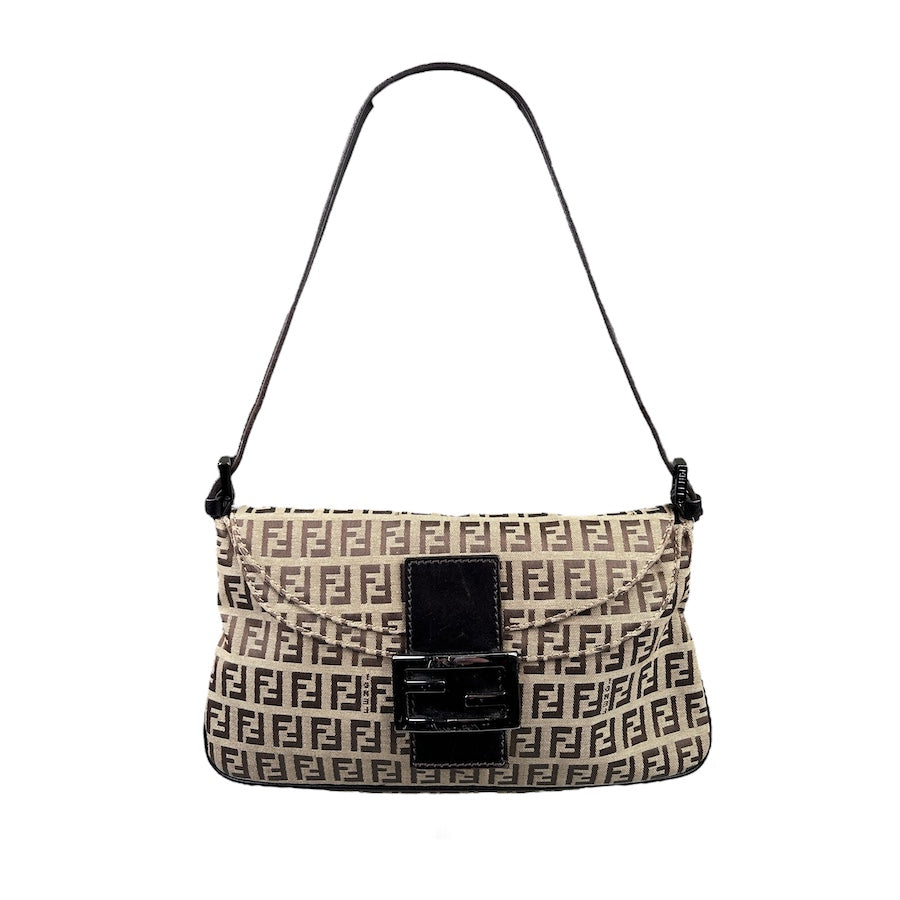 FENDI BEIGE/BROWN ZUCCHINO CANVAS DOUBLE FLAP BAGUETTE BAG