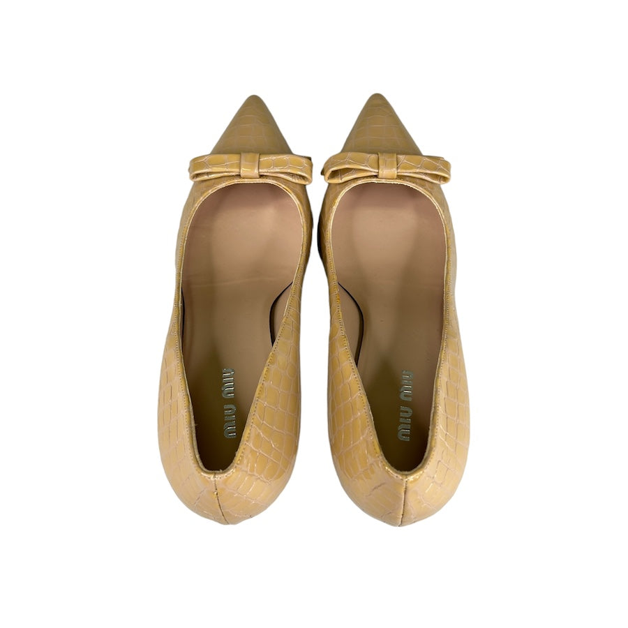 MIU MIU PATENT LEATHER CROCODILE PRINT KITTEN HEELS