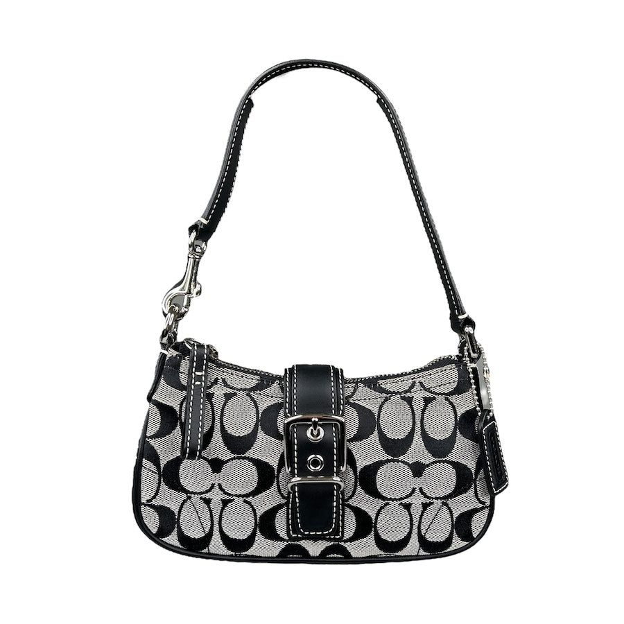 COACH BLACK / GREY SIGNATURE CANVAS BUCKLE POCHETTE BAG