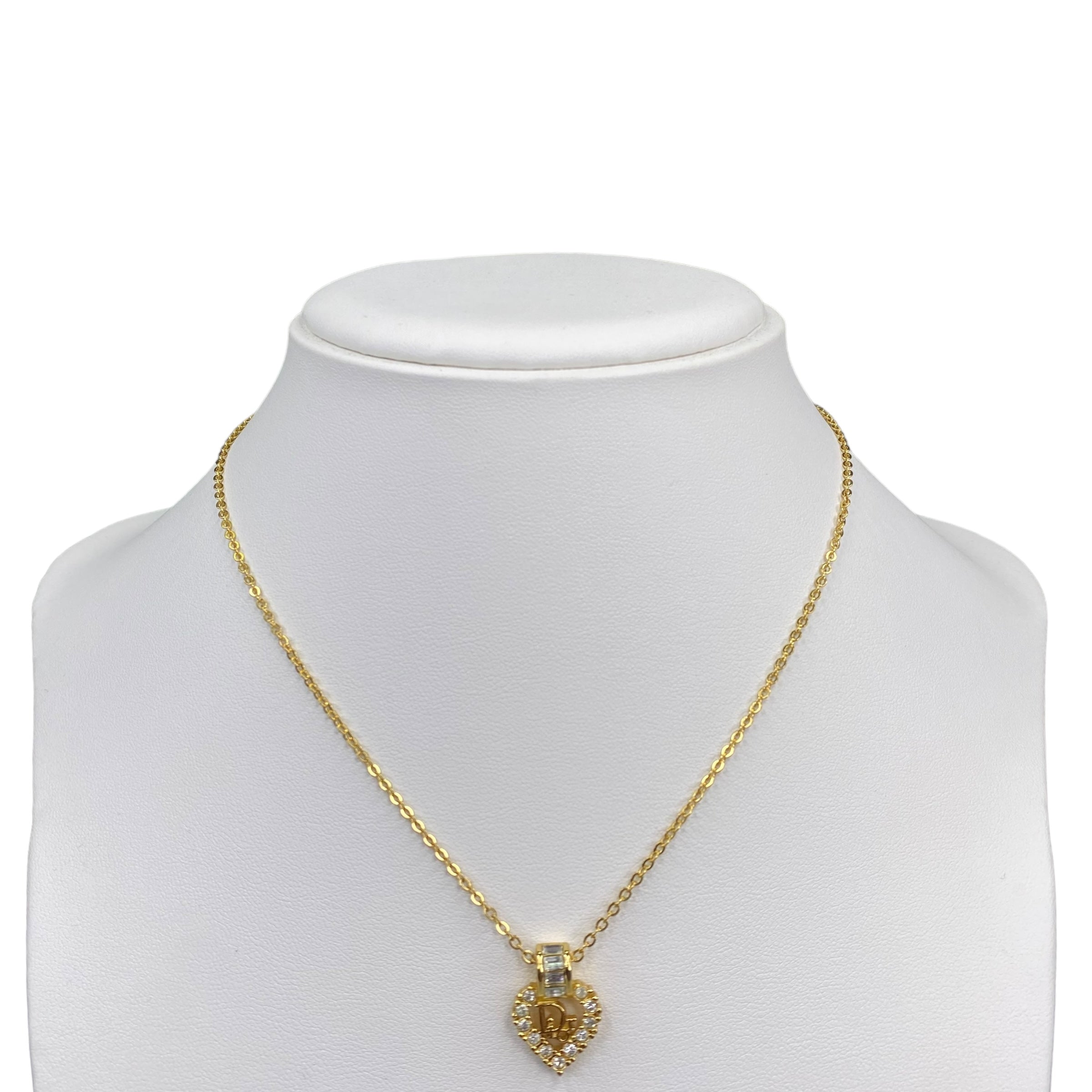 DIOR RHINESTONE ENCRUSTED HEART PENDANT GOLD-PLATED ORB NECKLACE