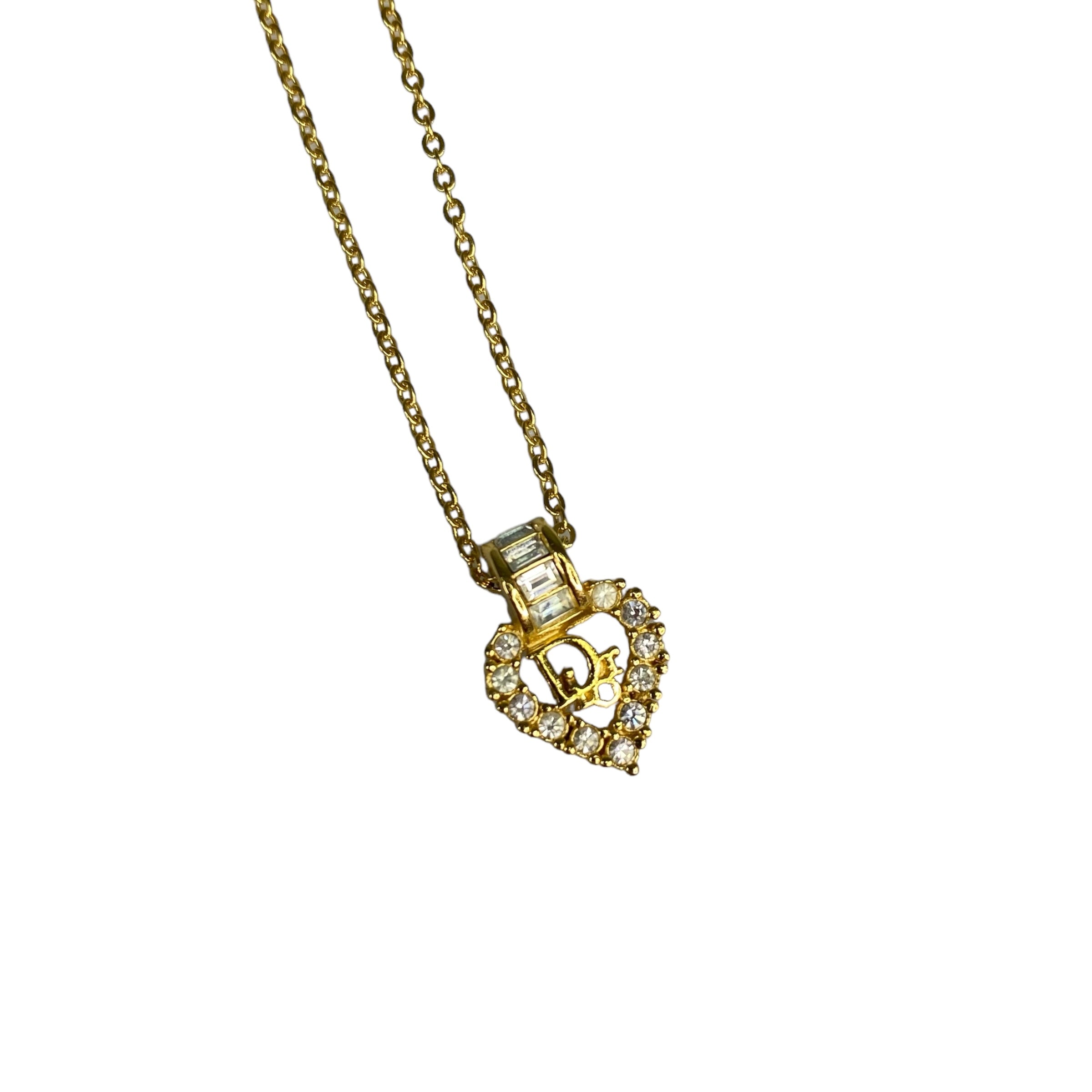 DIOR RHINESTONE ENCRUSTED HEART PENDANT GOLD-PLATED ORB NECKLACE