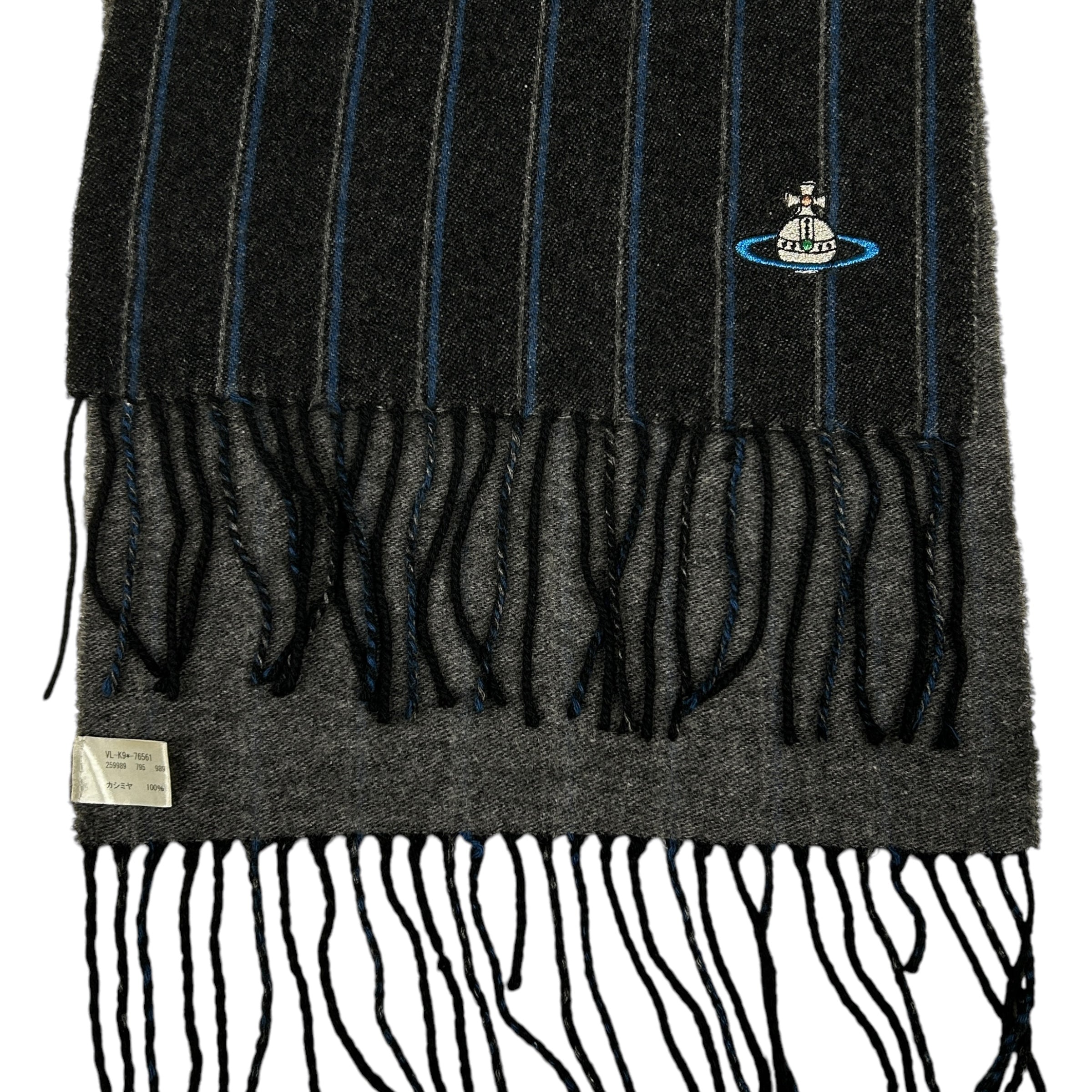 VIVIENNE WESTWOOD CASHMERE EMBROIDERED ORB STRIPED SCARF GREY/BLUE