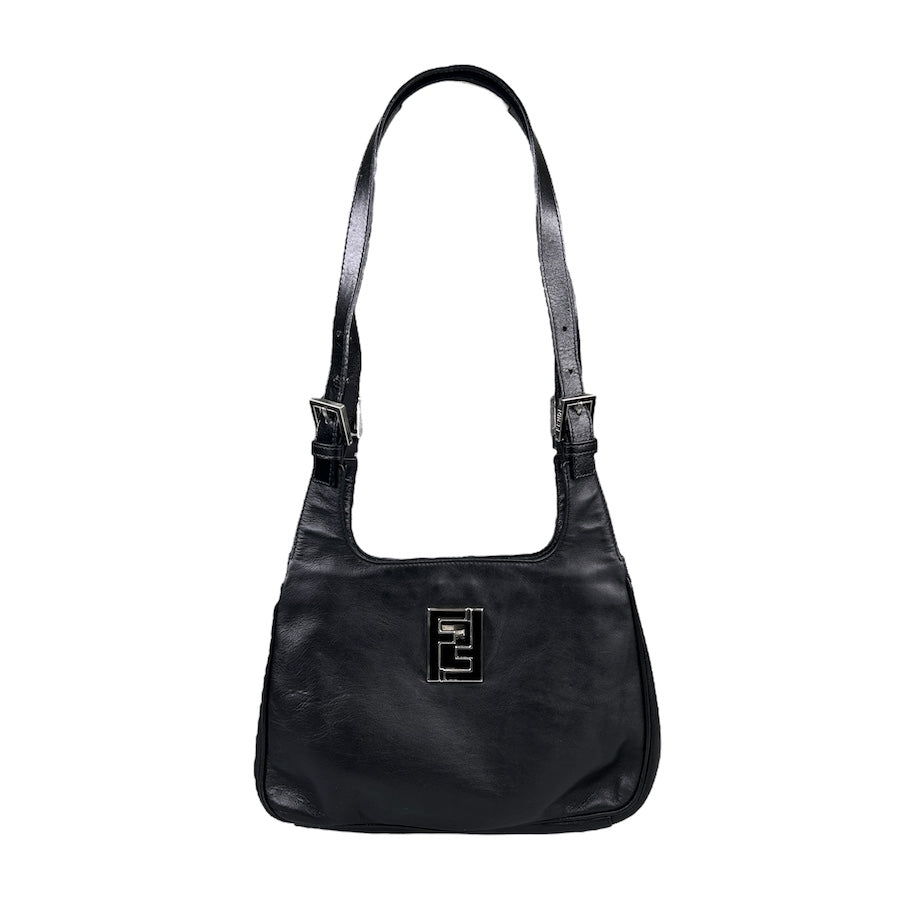 FENDI BLACK LEATHER FF HARDWARE SHOULDER BAG