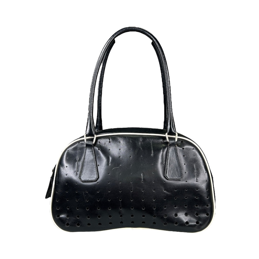 PRADA BLACK PERFORATED LEATHER BOWLER BAG