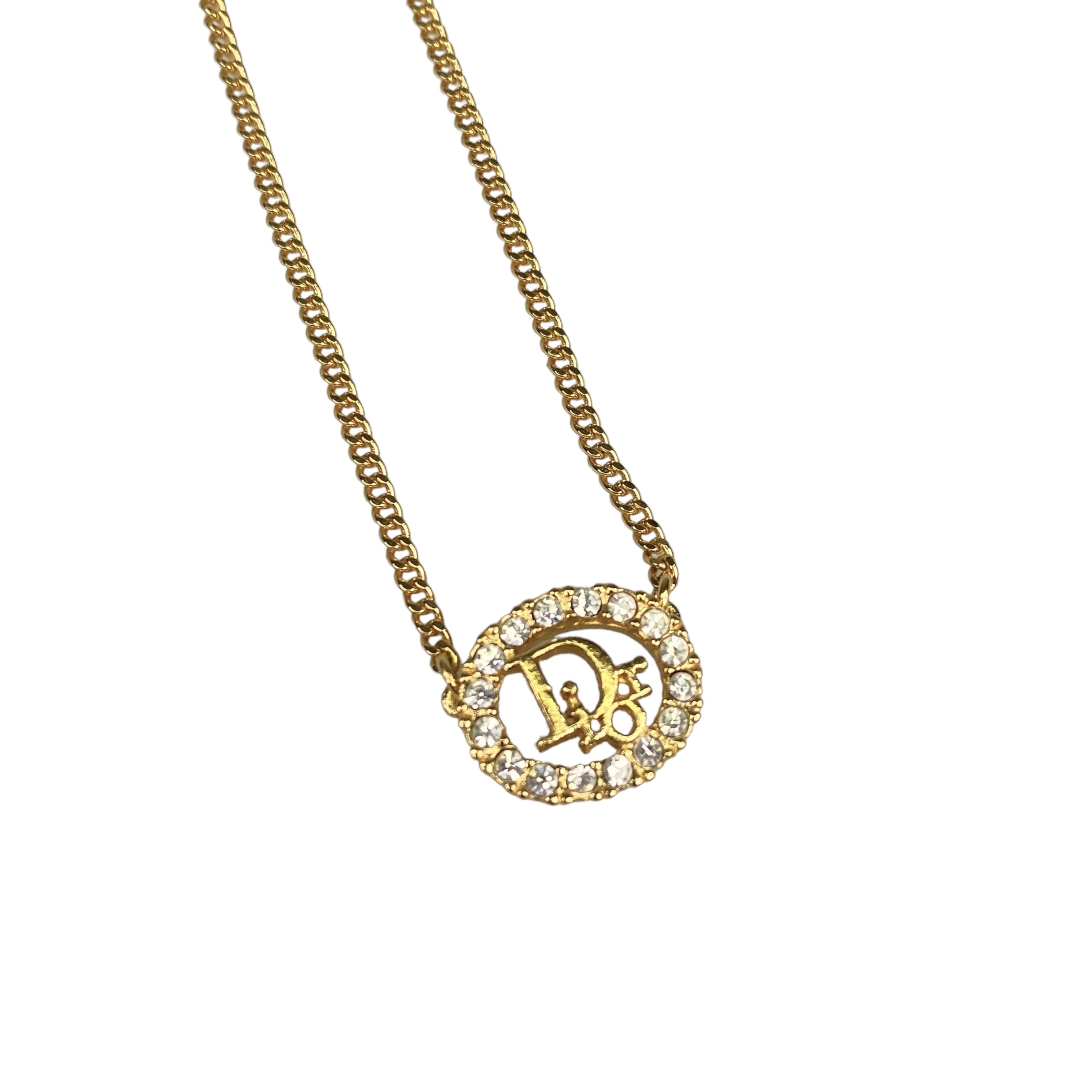DIOR RHINESTONE ENCRUSTED OVAL OBLIQUE PENDANT NECKLACE GOLD PLATED