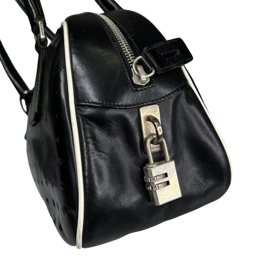 PRADA BLACK PERFORATED LEATHER BOWLER BAG
