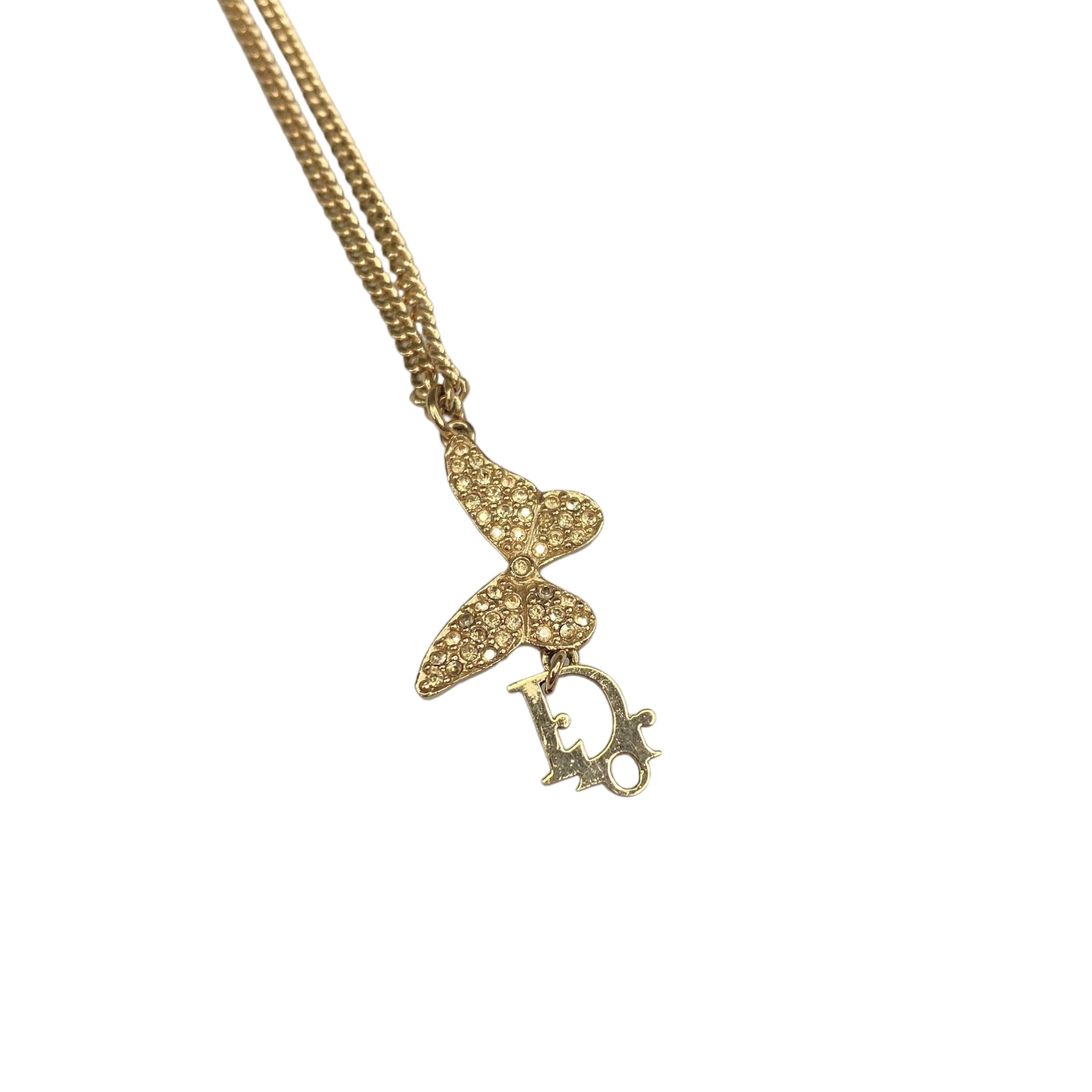 DIOR OBLIQUE LOGO & RHINESTONE BUTTERFLY PENDANT NECKLACE GOLD-PLATED