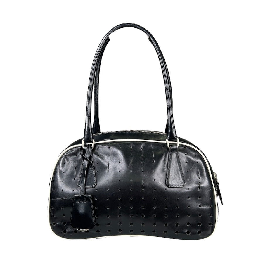 PRADA BLACK PERFORATED LEATHER BOWLER BAG
