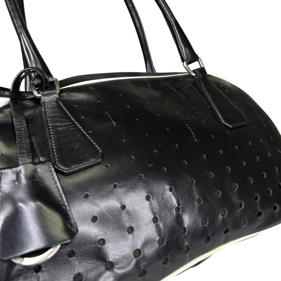 PRADA BLACK PERFORATED LEATHER BOWLER BAG