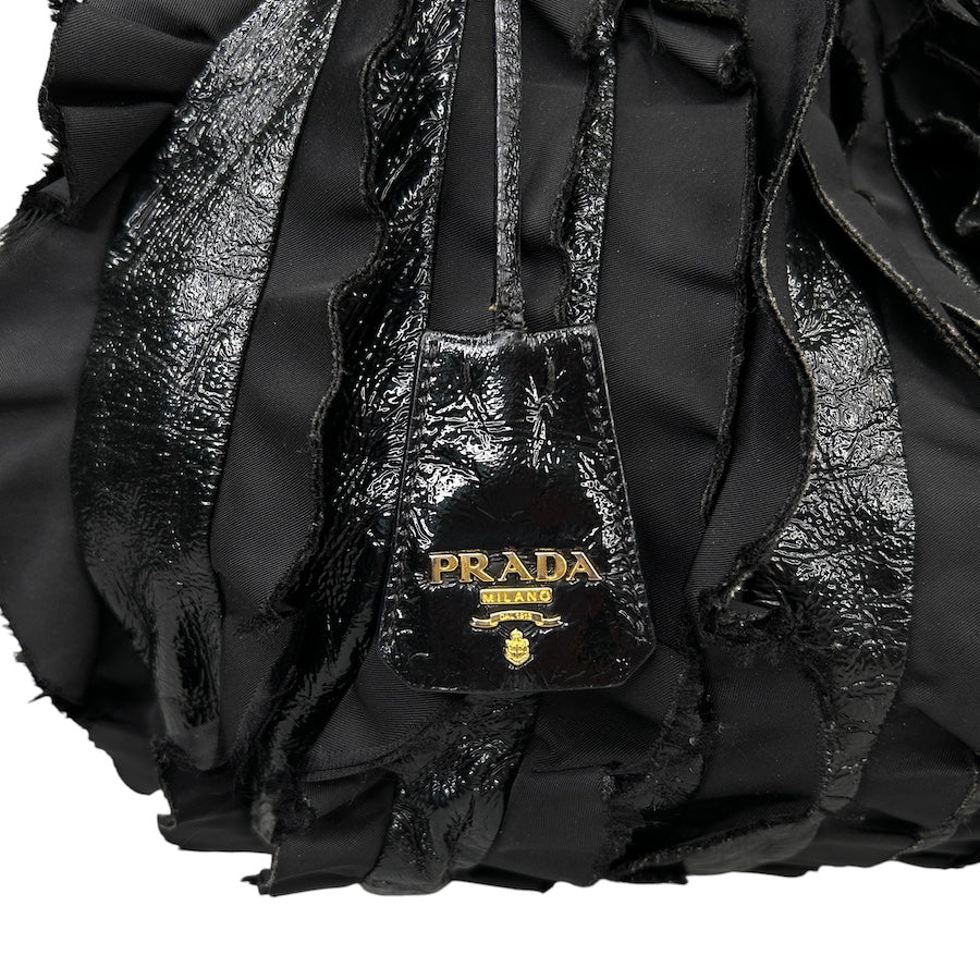 PRADA BLACK FRILLED NYLON SHOULDER BAG