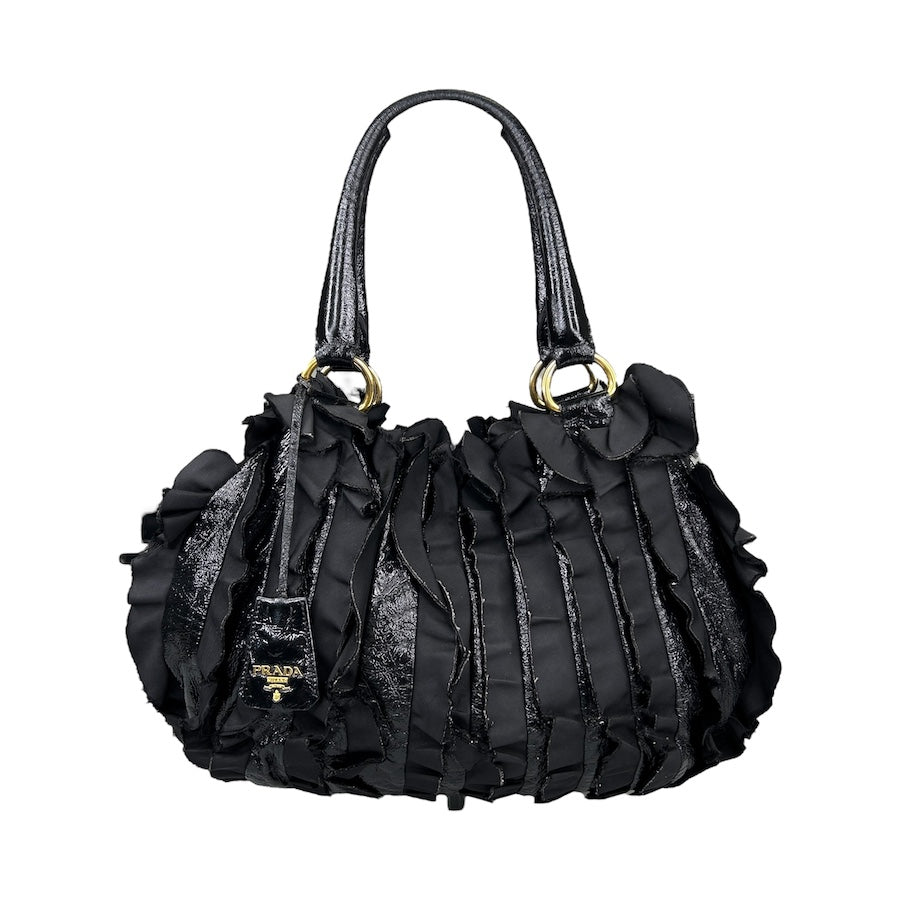 PRADA BLACK FRILLED NYLON SHOULDER BAG