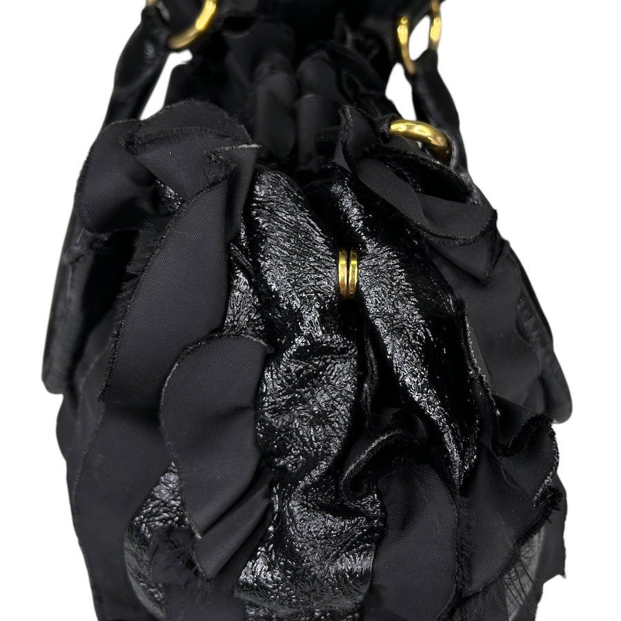 PRADA BLACK FRILLED NYLON SHOULDER BAG