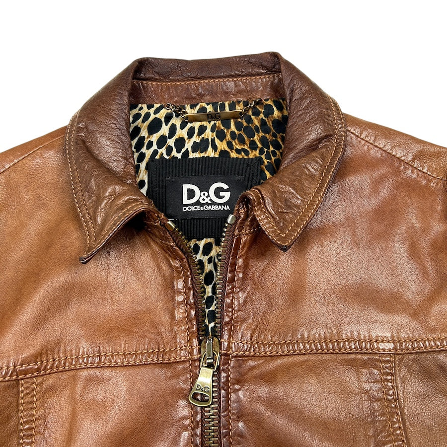 DOLCE & GABANA LAMB LEATHER BROWN DENIM JACKET 03HFGI