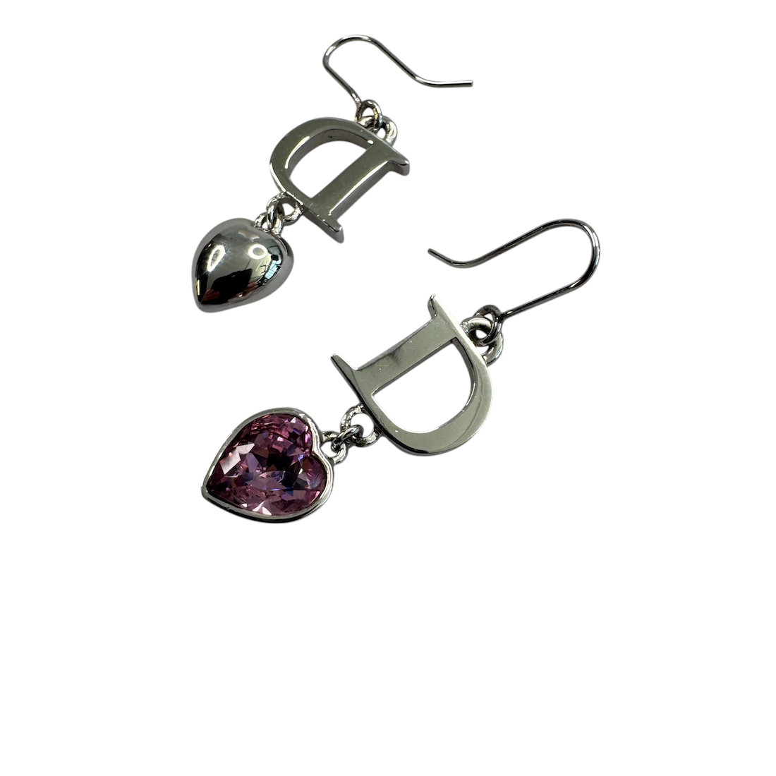 DIOR D INITIAL & HEART EARRINGS - SILVER PLATED