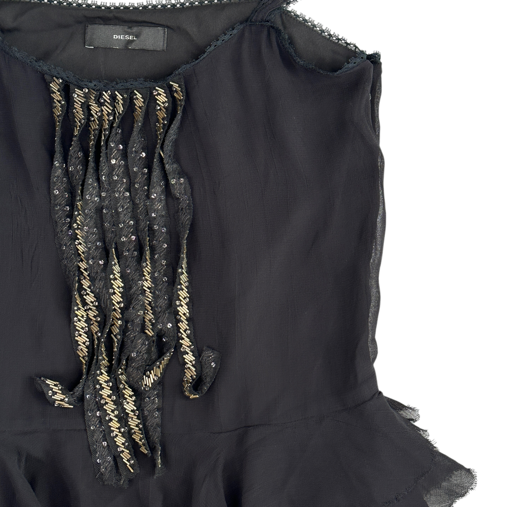(XS) DIESEL FRILLED SLEEVELESS TOP - BLACK