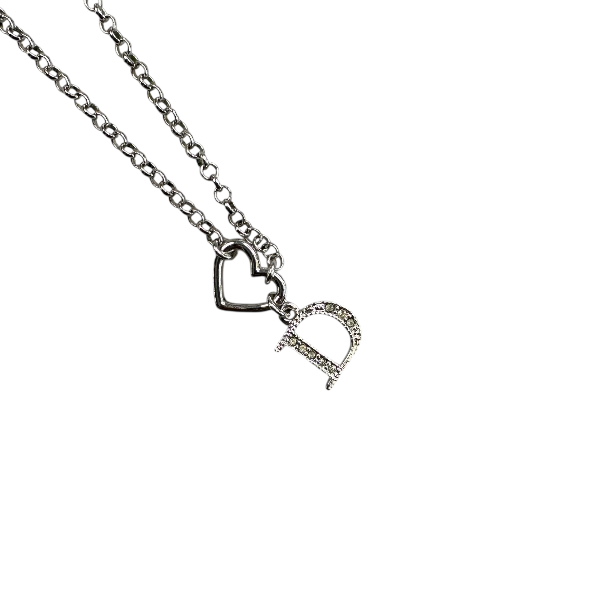 DIOR HEART & D CHARM NECKLACE - SILVER PLATED (BRASS)