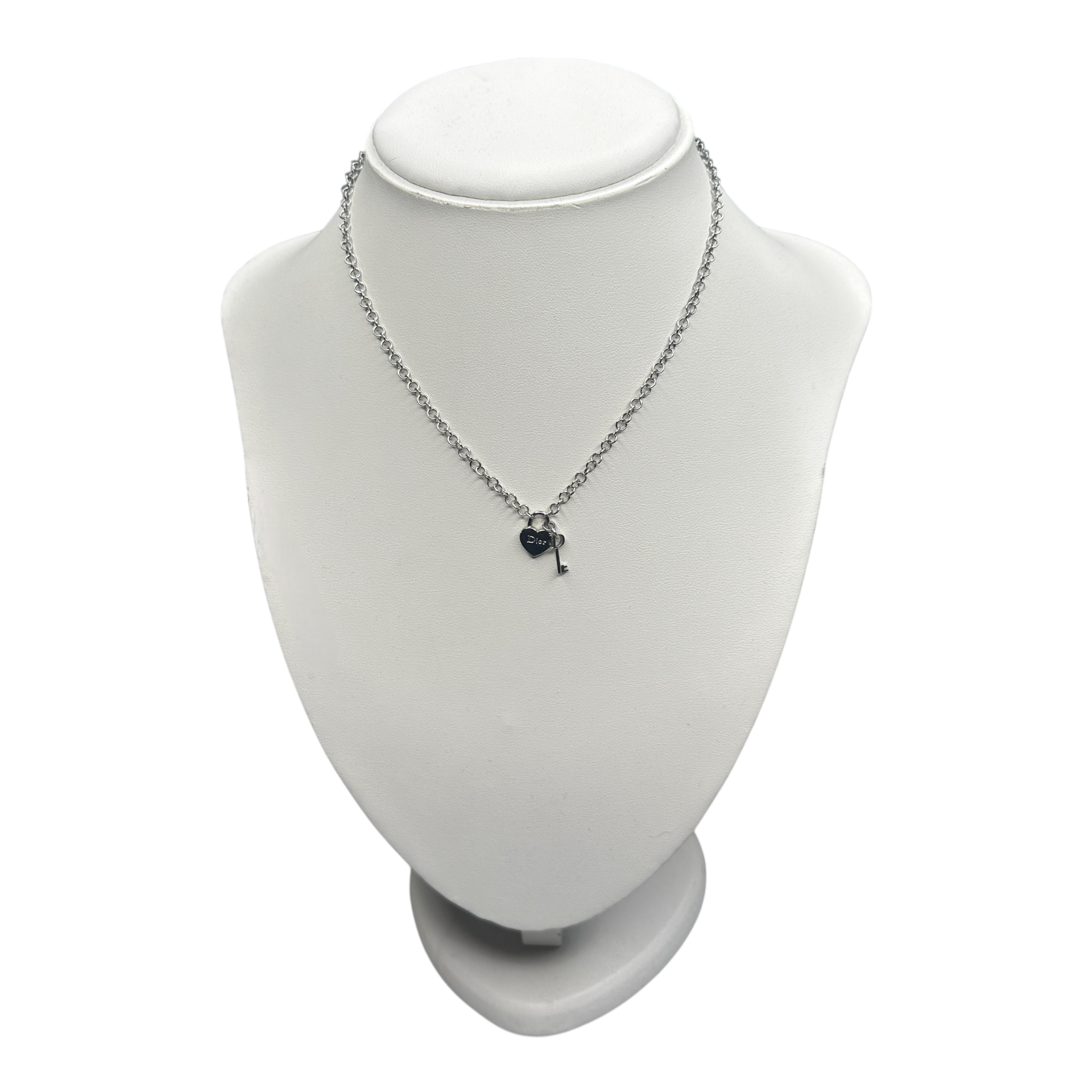 DIOR HEART PADLOCK & KEY PENDANT NECKLACE - SILVER PLATED (BRASS)