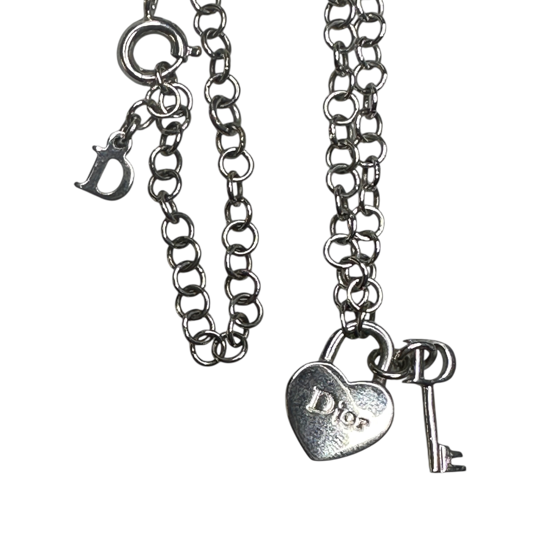DIOR HEART PADLOCK & KEY PENDANT NECKLACE - SILVER PLATED (BRASS)