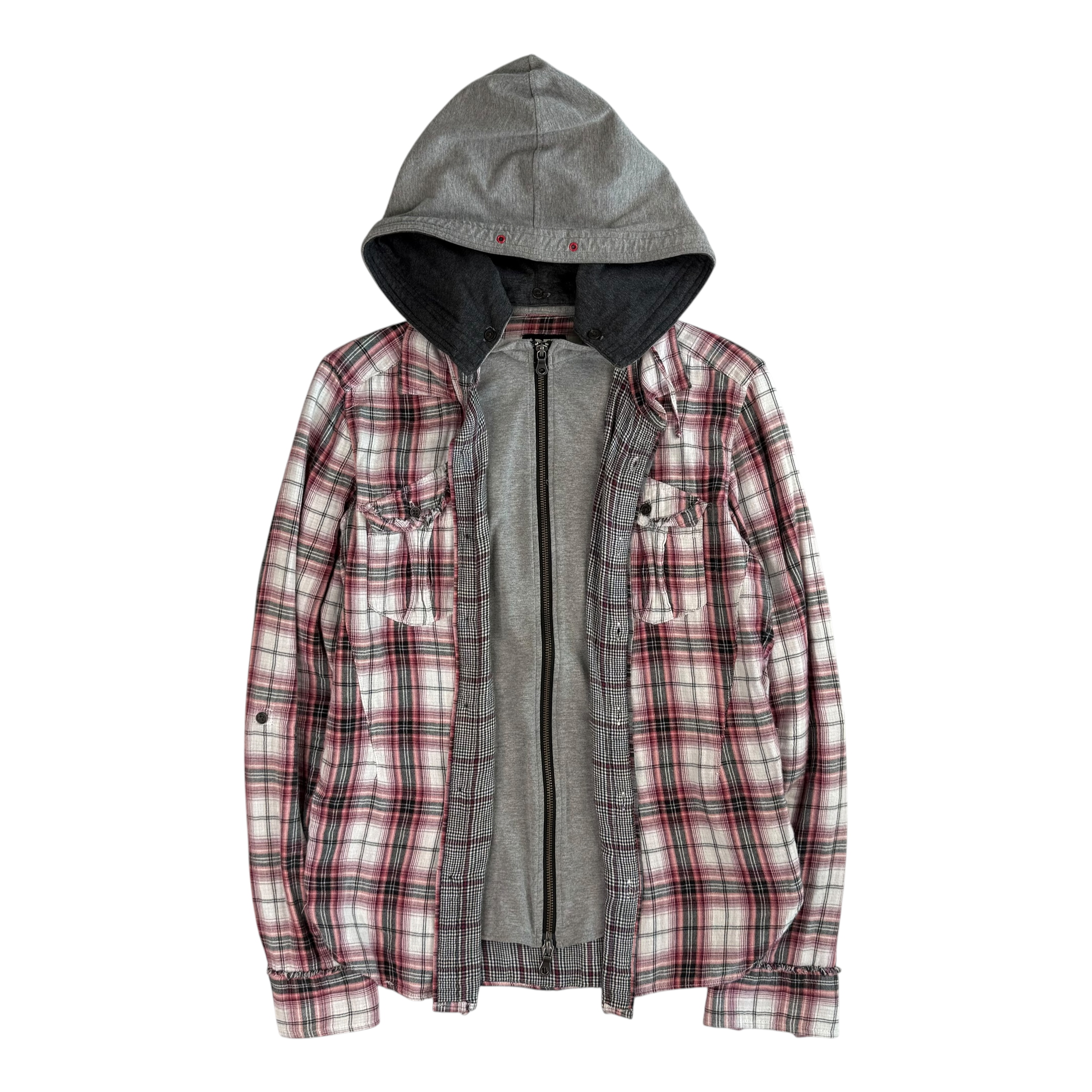 (M) PPFM PLAID DOUBLE LAYERED HOODIE - RED