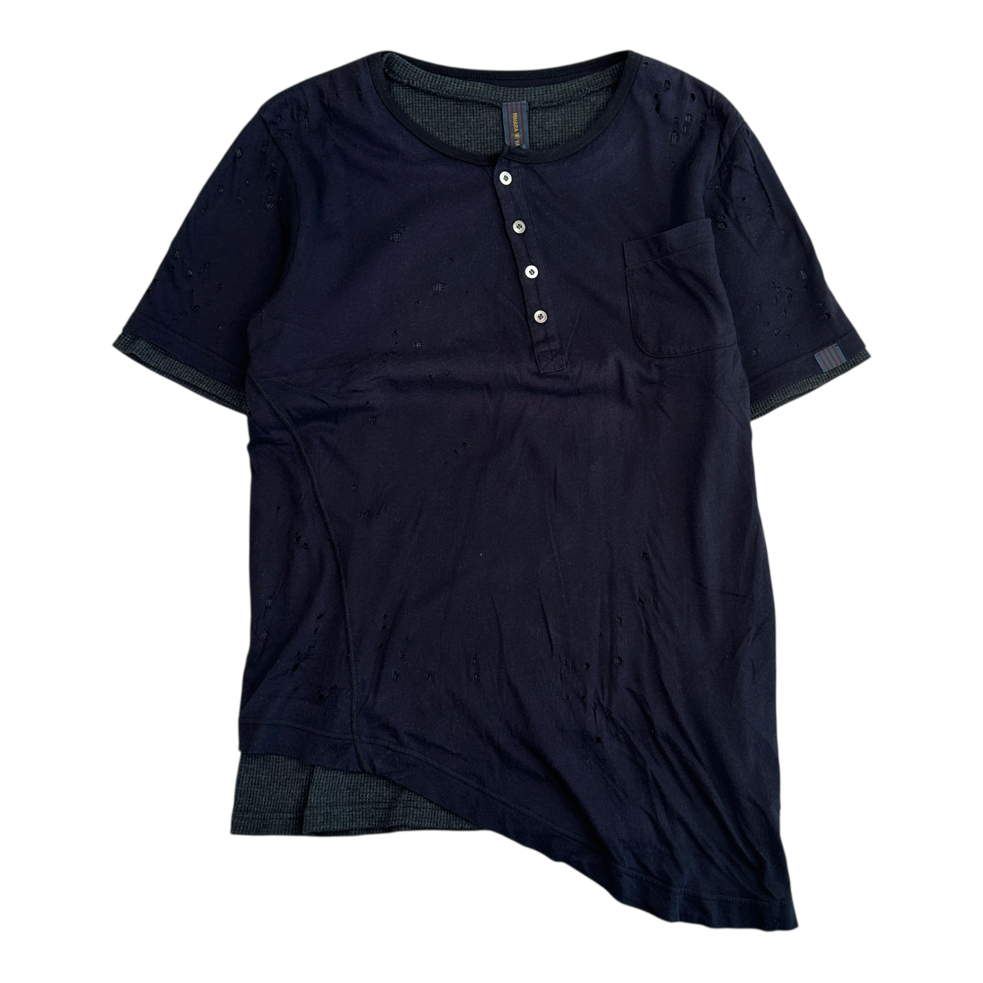 (44) MIHARA YASUHIRO DOUBLE LAYERED HENLEY TOP - BLACK